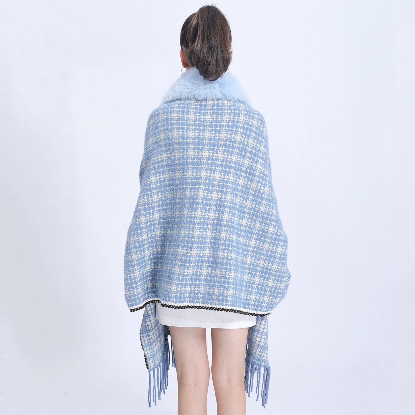 Real Fur Plaid Wool Tassel Ponchos