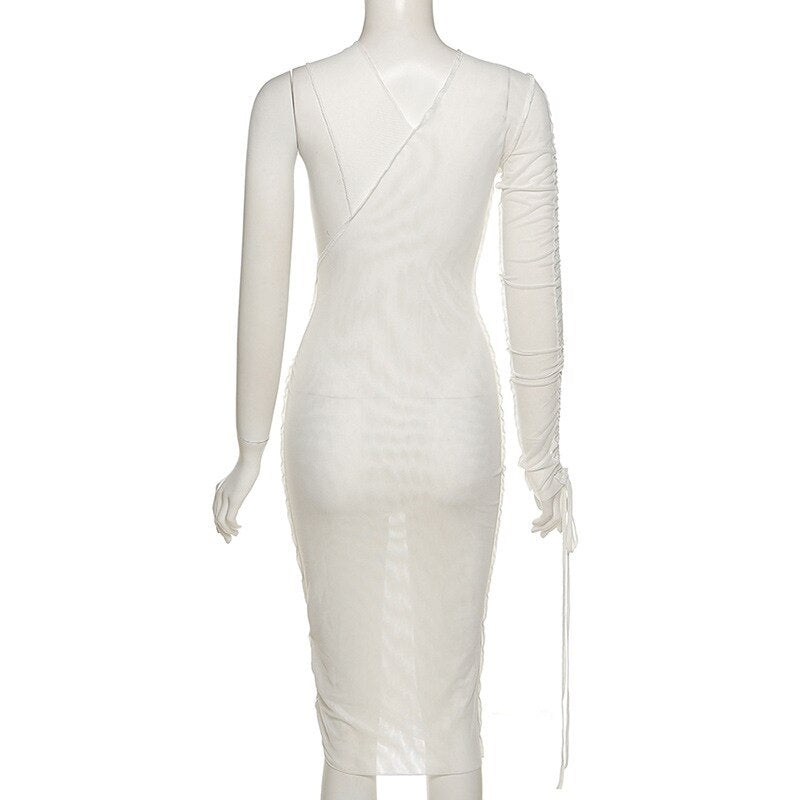 Single Sleeve V-neck Mesh Drawstring Lace Mid Dress