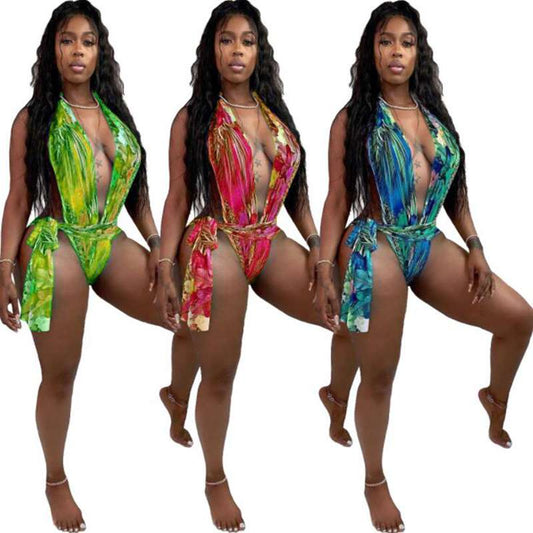 Floral Deep V Bandage Open One Piece