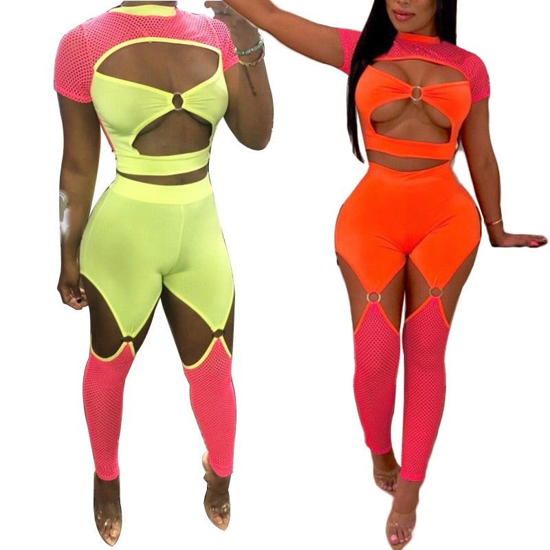 Neon Hollow Crop Top and Hollow Thigh Pant Jumpsuits