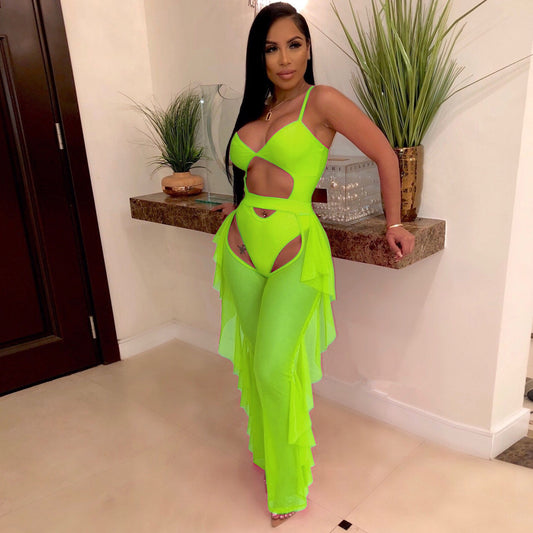 Neon Mesh Hollow Bodysuit Jumpsuits