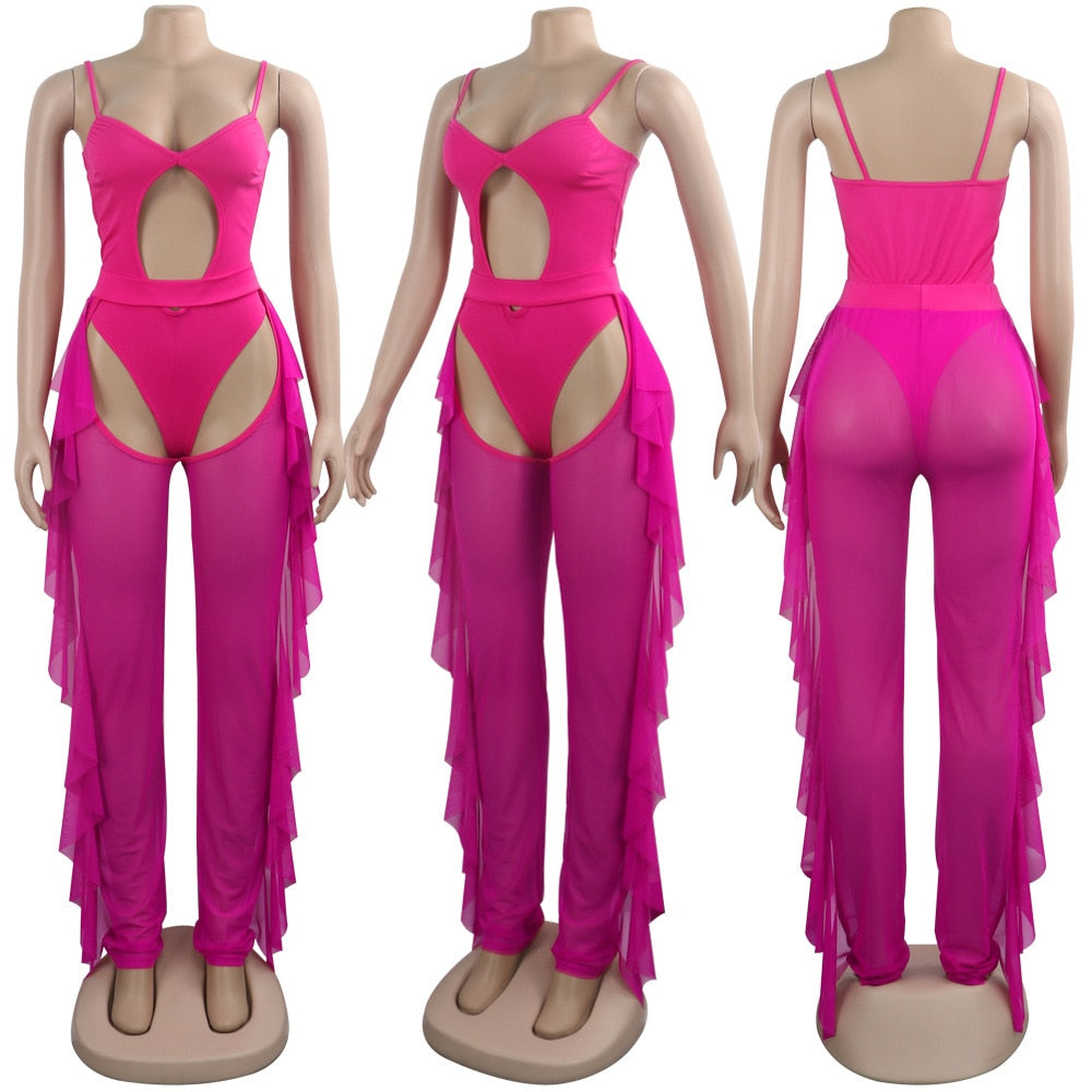 Neon Mesh Hollow Bodysuit Jumpsuits