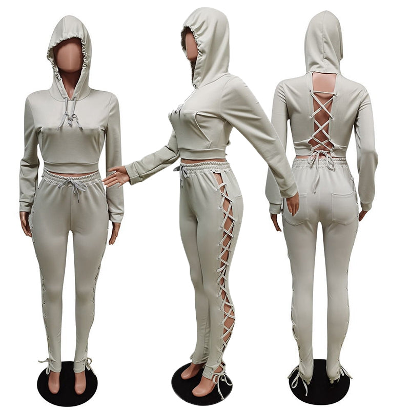 Open Back Bandage Hoodie Crop & Pants