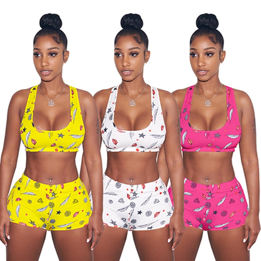 Leaf Print Tank Crop Top+Bodycon Shorts Sets