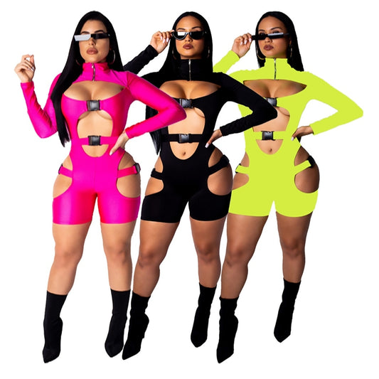 Hollow Out Buckle Long Sleeve Rompers