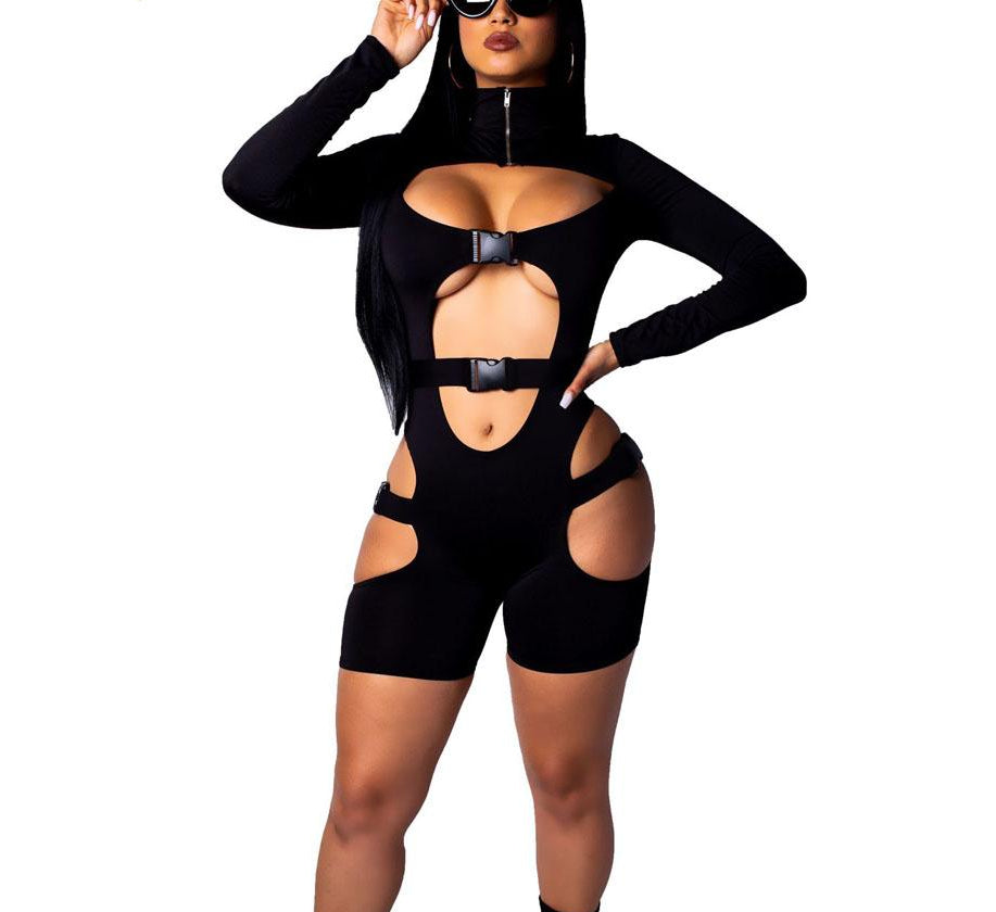 Hollow Out Buckle Long Sleeve Rompers