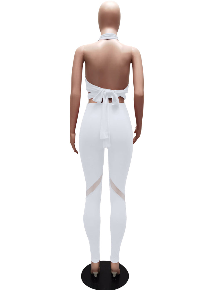 Bandage Crop Mesh Spliced Pants Sets