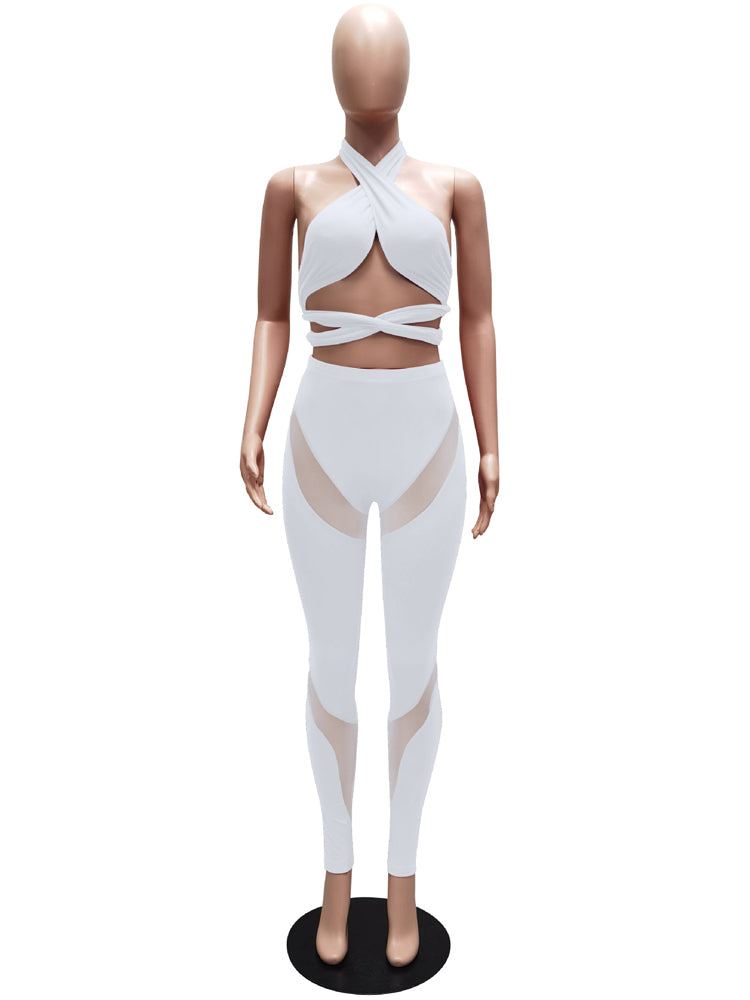 Bandage Crop Mesh Spliced Pants Sets