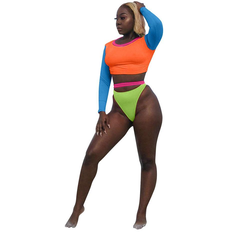 Colorful Fluorescence Long Sleeve Crop Top and Bikini Sets