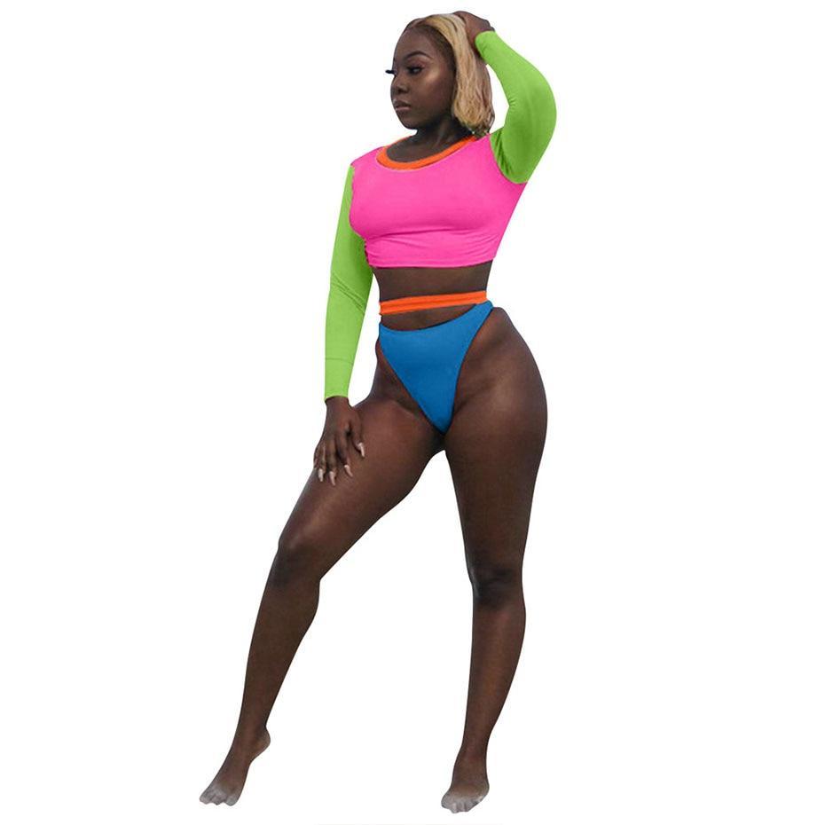 Colorful Fluorescence Long Sleeve Crop Top and Bikini Sets