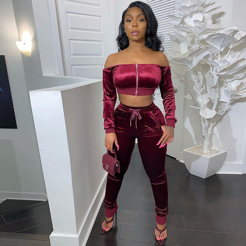 Velvet Off Shoulder Crop & Pants Sets