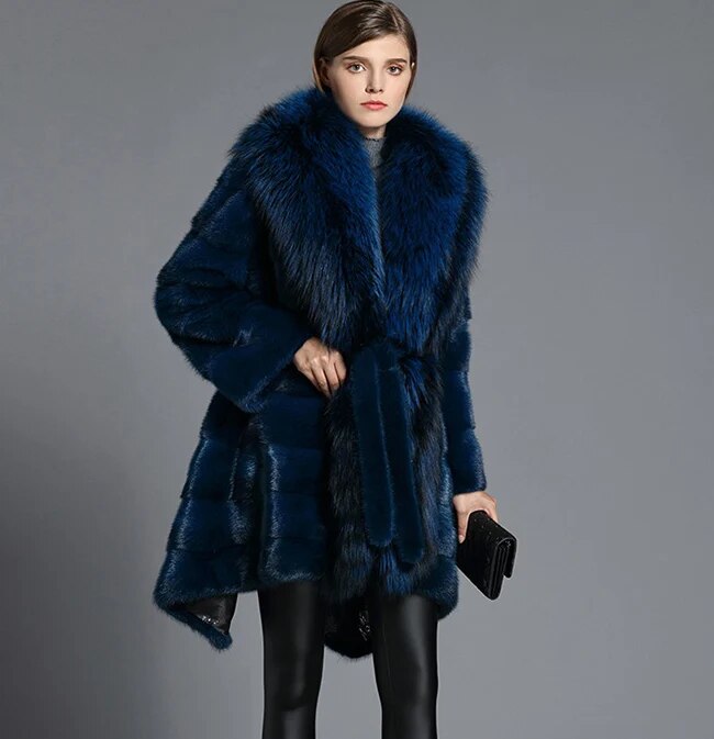 Blue Real Mink Fur Coats Big Fox Fur Collar