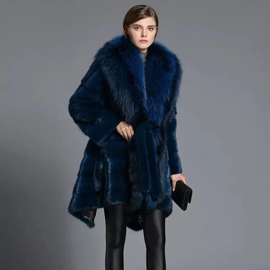 Blue Real Mink Fur Coats Big Fox Fur Collar