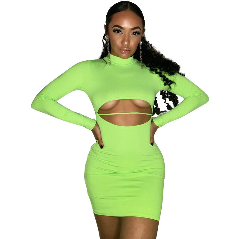 Turtleneck Long Sleeve Hollow Out Belly Mini Dresses