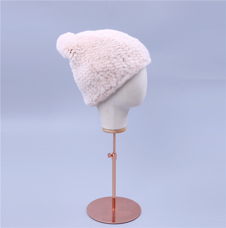 Real Rabbit Fur Knitted Beanies with Real Fur Pom Pom