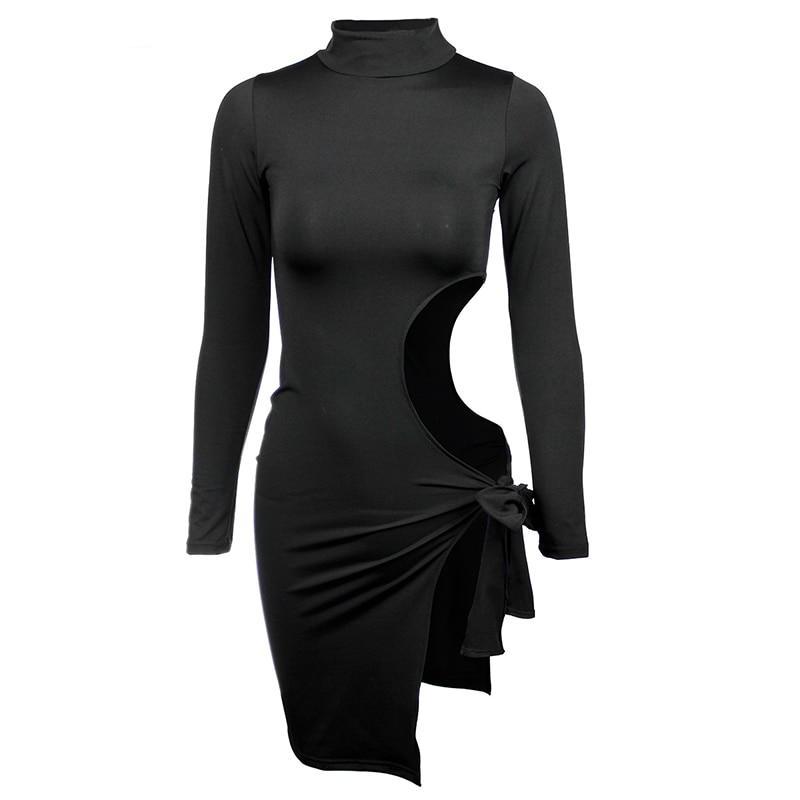 Turtleneck Long Sleeve  Hollow Out Bow Side Split Bodycon Dresses