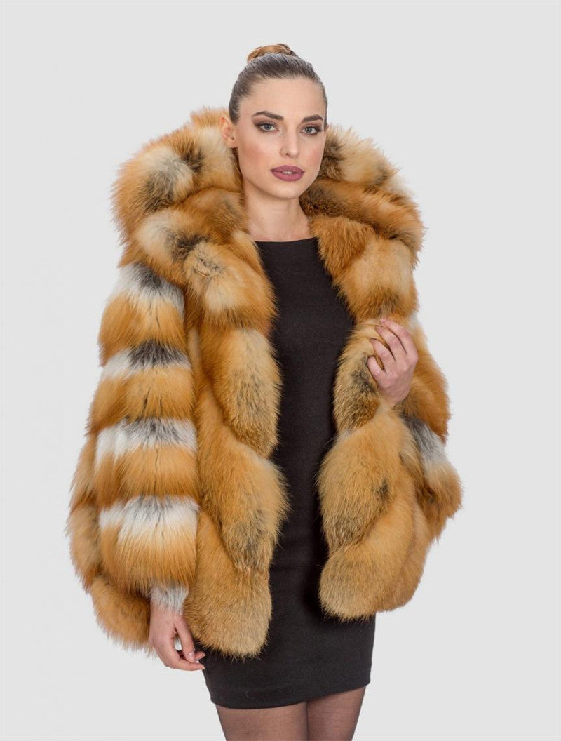 Real Gold Red Fox Fur Hooded Thick Warm Coat