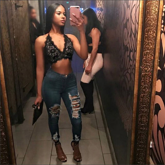 Slim High Waist Stretch Ripped Jeans