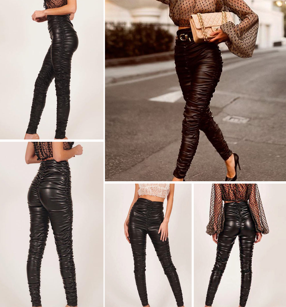 Black High Waist Pleated PU Leather Pants