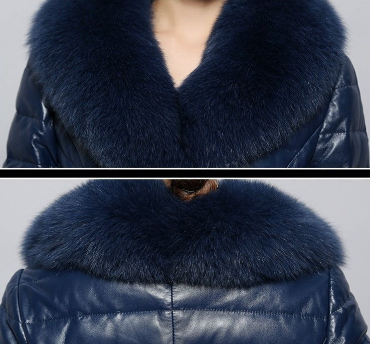 Genuine Leather Coat Fur Collar Goose Down