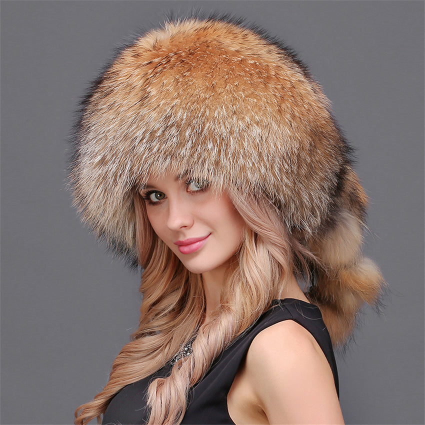 Silver/Red Fox Fur With Back Pom Poms Fox Tail Cap