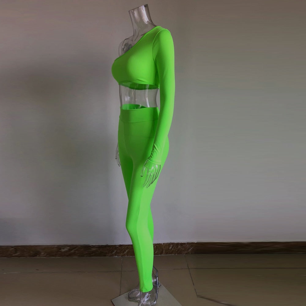 Neon Green/Orange One Shoulder One Sleeve Jumpsuits