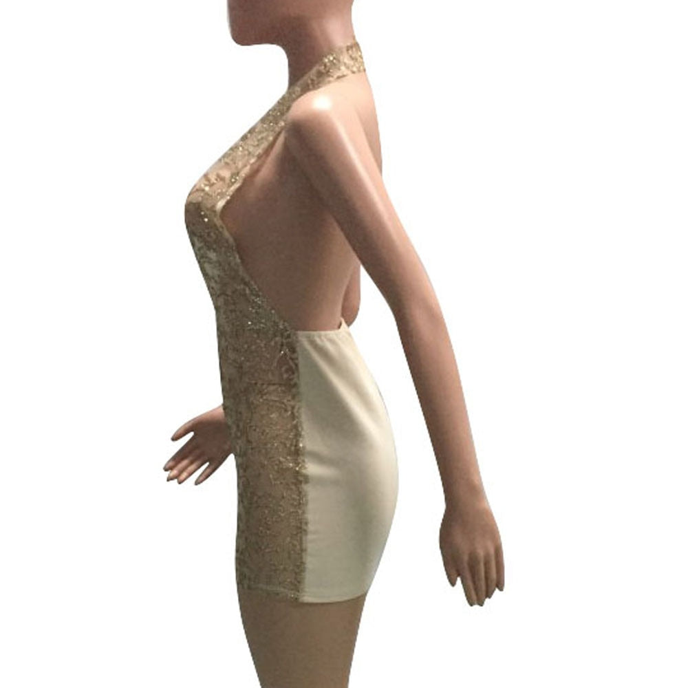 Full Mesh Sequins V-neck Backless Bodycon Mini Dresses