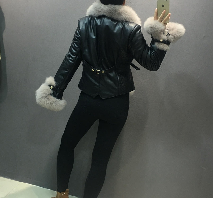 Genuine Leather Jacket Fur Collar & Cuffs