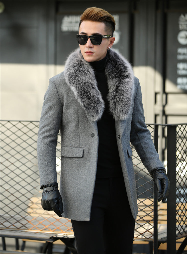 Real Silver Fox Fur Collar Wool Blazer Coats