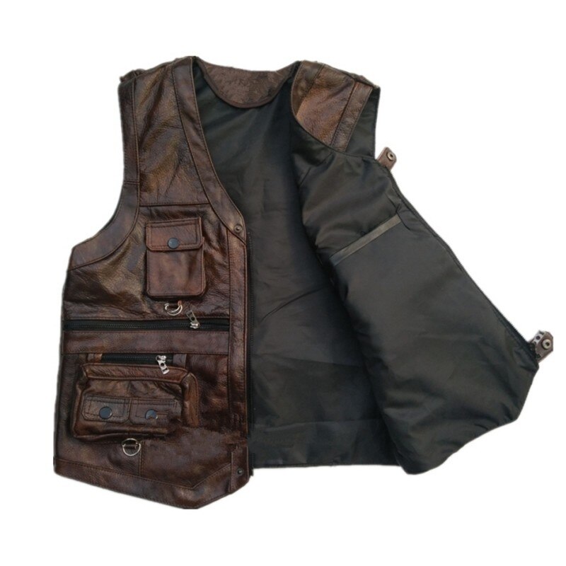 Genuine Leather Vest Slim Moto Cargo