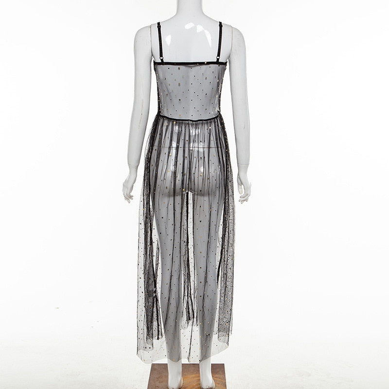 Star Black Mesh Transparent Sleeveless Maxi Dress