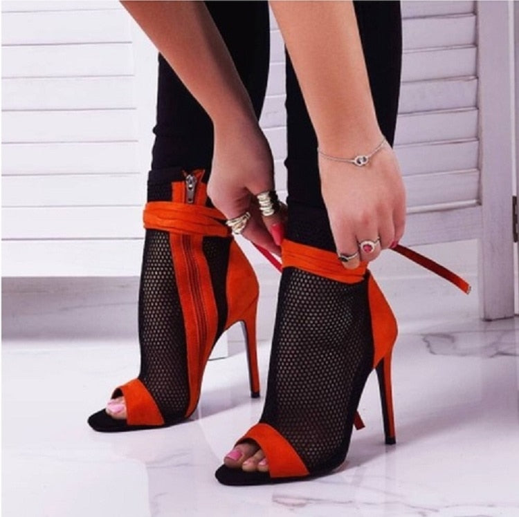 Red & Black Peep-toe Stiletto Bandage Ankle Boots