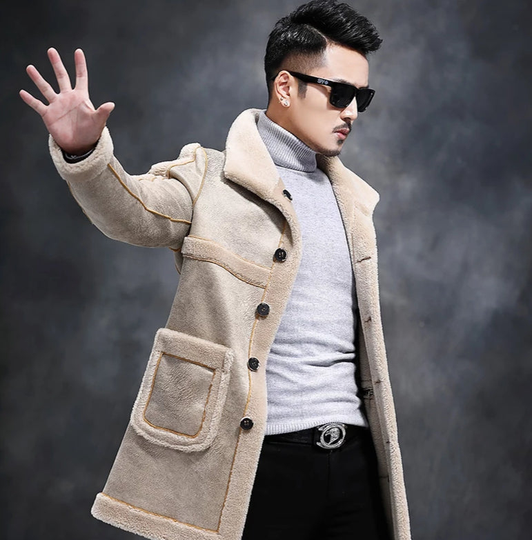 Genuine Leather Real Shearing Fur Lining Two Side Long Coats