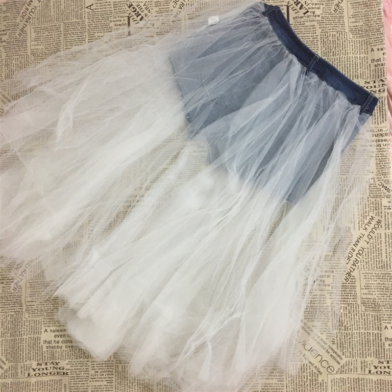 Denim Mid Waist Split Gauze Long Tutu Skirt