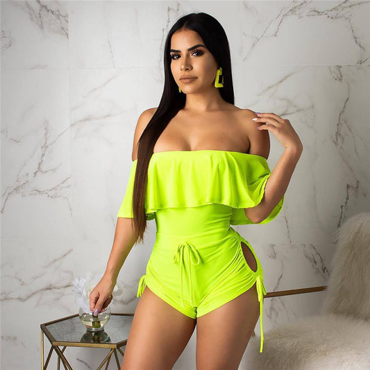 Drape Ruffle Off Shoulder Hollow Side Rompers