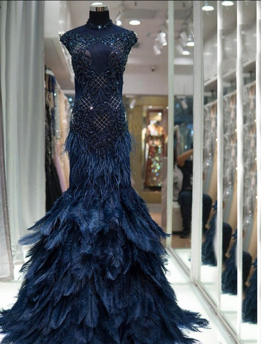 Diamond Sleeveless Mermaid Feathers Evening Gowns