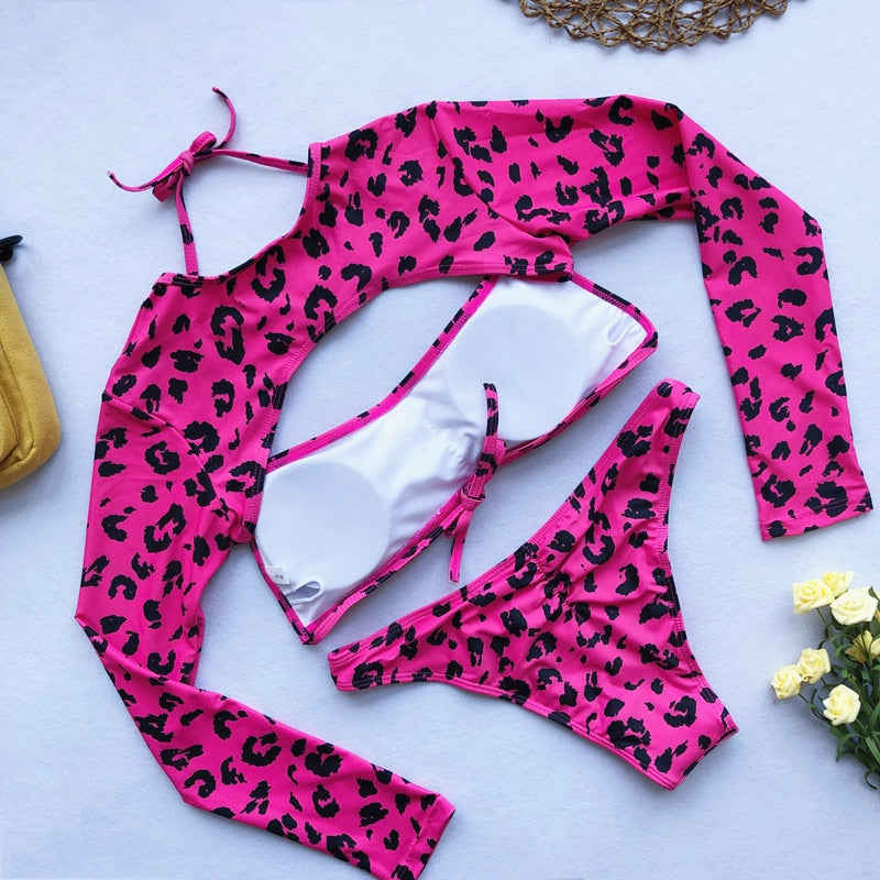 Leopard Print Long Sleeve Micro Top Bikini Sets
