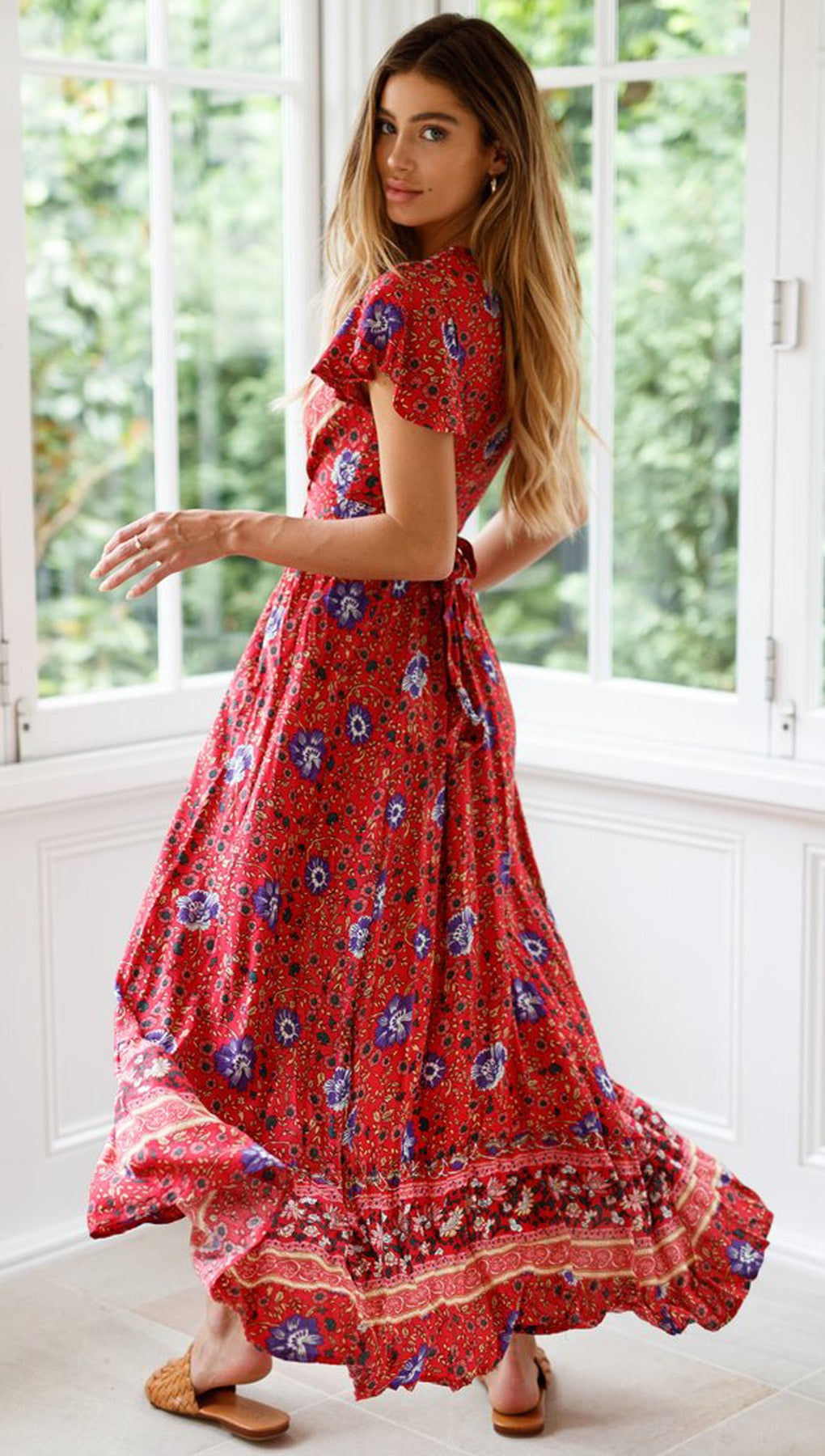 Vintage Floral Print Boho Short Sleeve Split Maxi Dresses