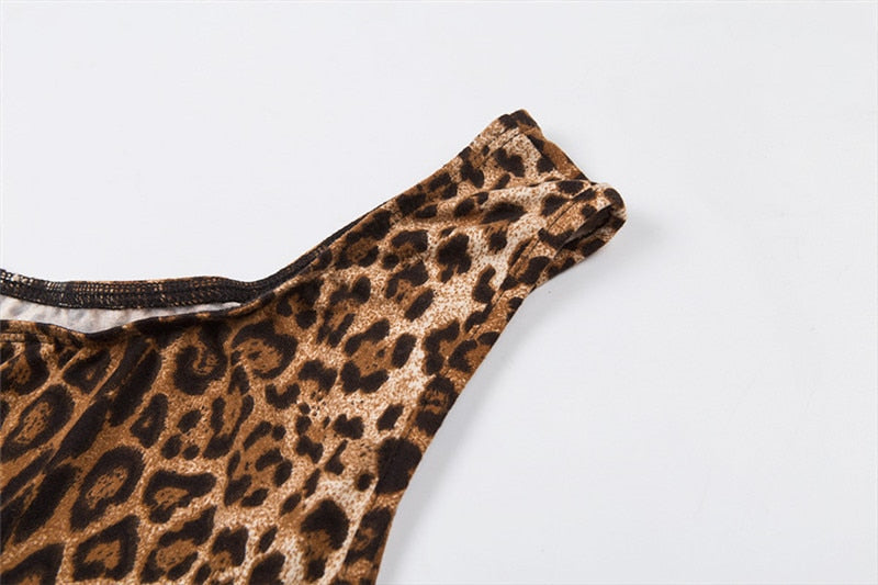 Leopard One Shoulder Sleeveless Hollow Bodysuit