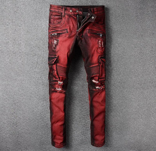 Light Burgundy Cargo Slim Biker Jeans