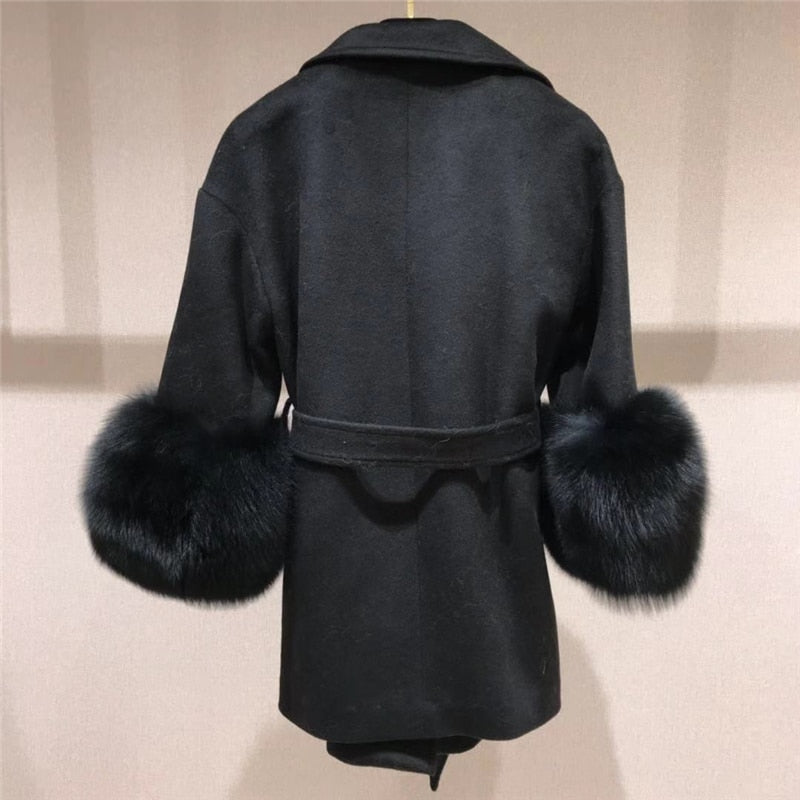 Double Faced Wool Cashmere Real Fox Fur Cuffs Coats