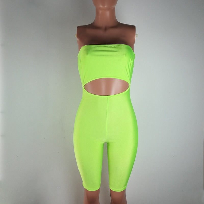 Neon Off Shoulder Hollow Belly One Piece Rompers