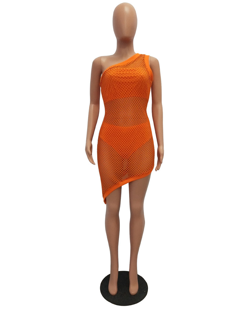 Neon Fishnet One Shoulder Bodycon Dresses 3 Pcs Sets