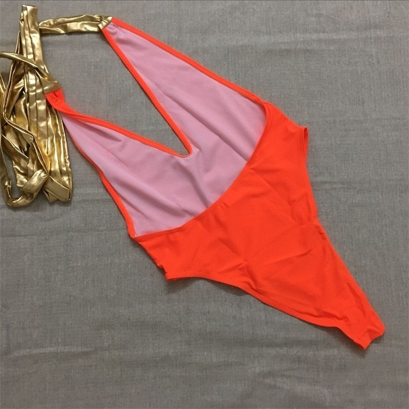 Gold Bondage V Neck High Cut One Pieces