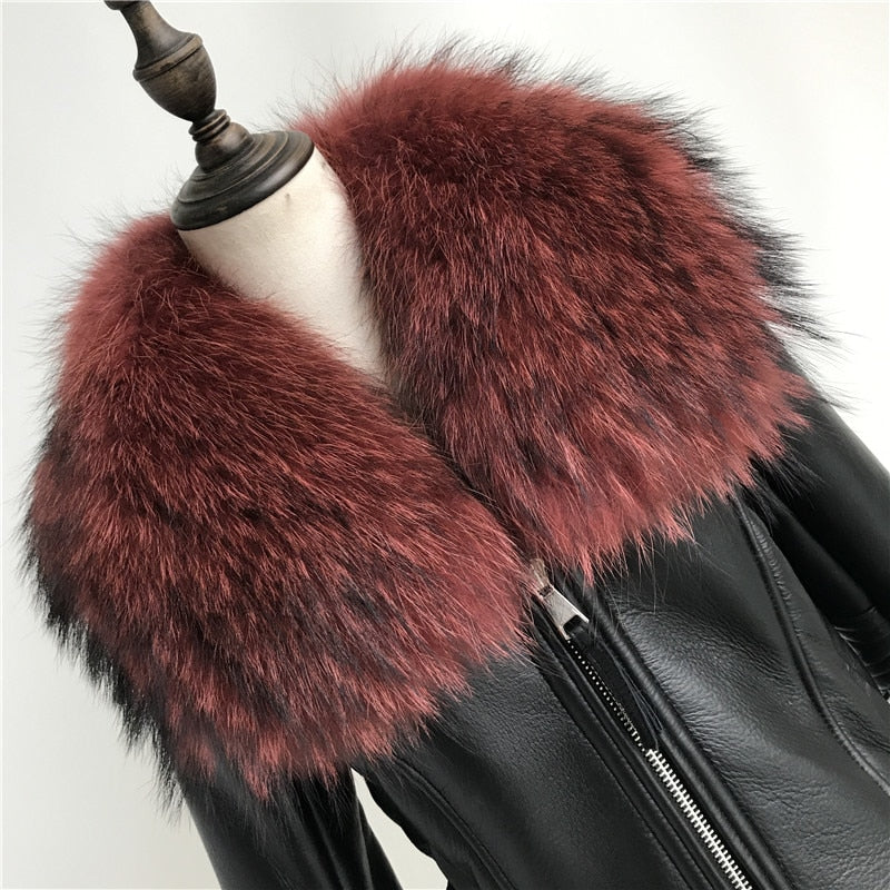 Genuine Leather Real Sheep Fur Lining Fox Fur Collar Coats