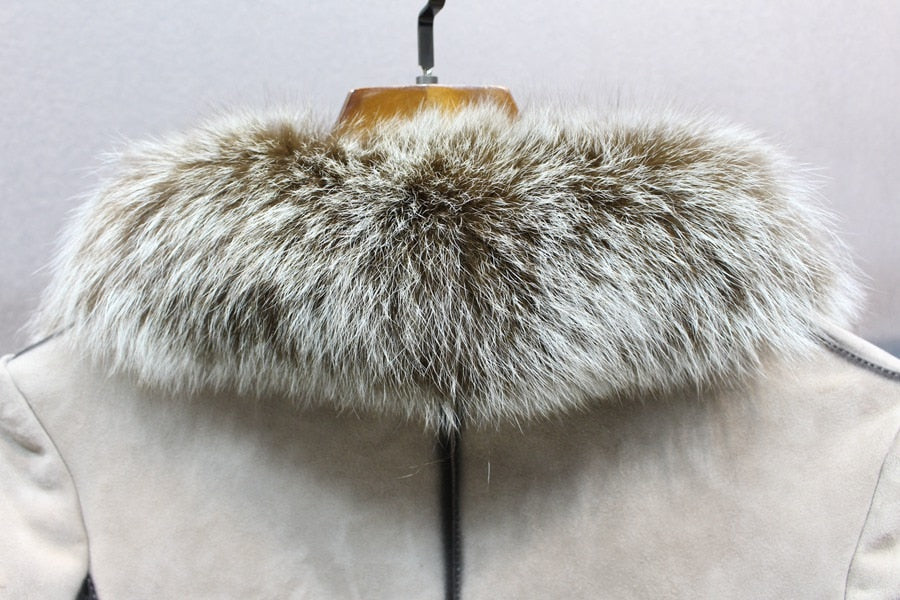 Genuine Leather Coat Fur Liner Sliver Collar