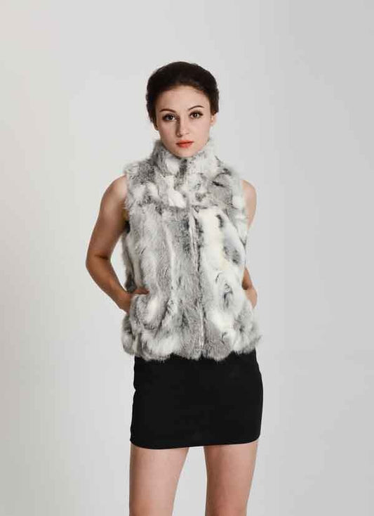 Color Blend Mandarin Collar Real Fur Vests