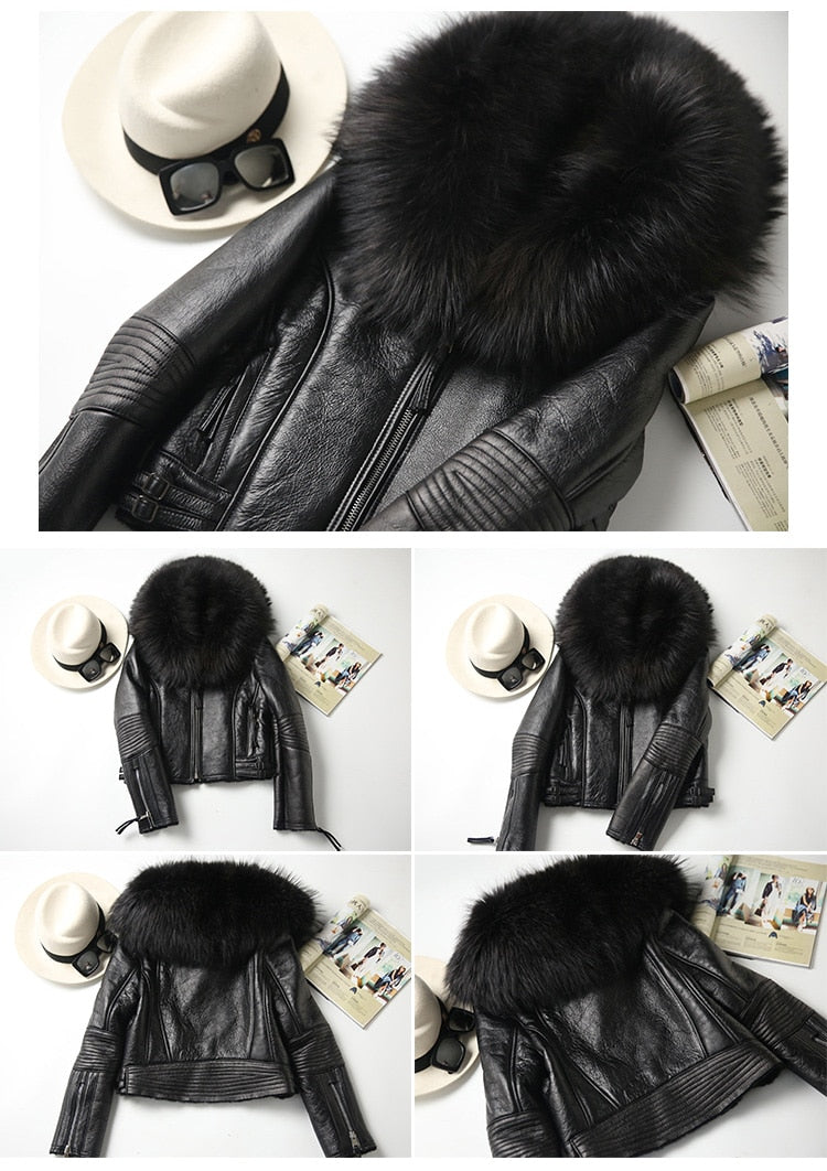 Genuine Leather Moto Jackets Big Fur Collar Wool Liner