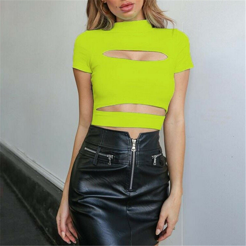 Turtle Neck Hollow Out  Short Sleeve Crop Tops