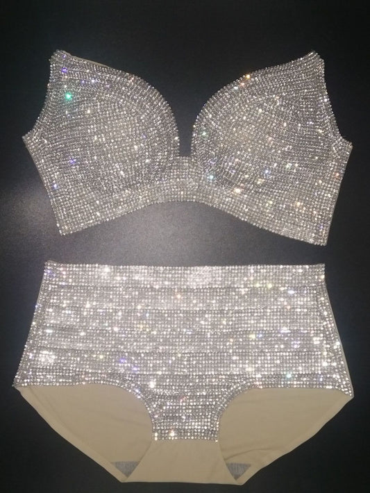 Crystal Beading Deep V Crop Top and High Waist Set